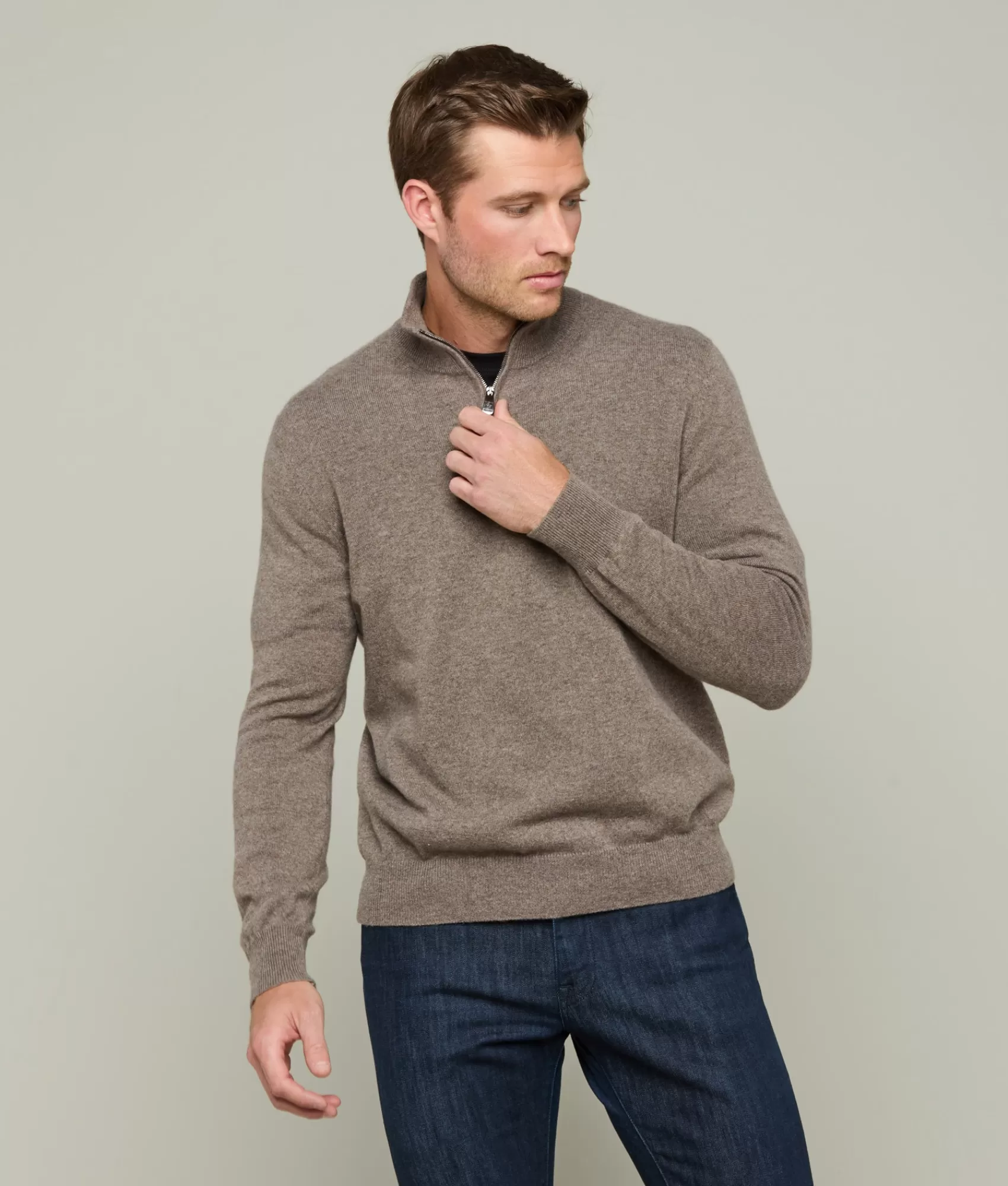 Lucchese Outerwear | Men's Cashmere Quarter Zip HeatherBrown