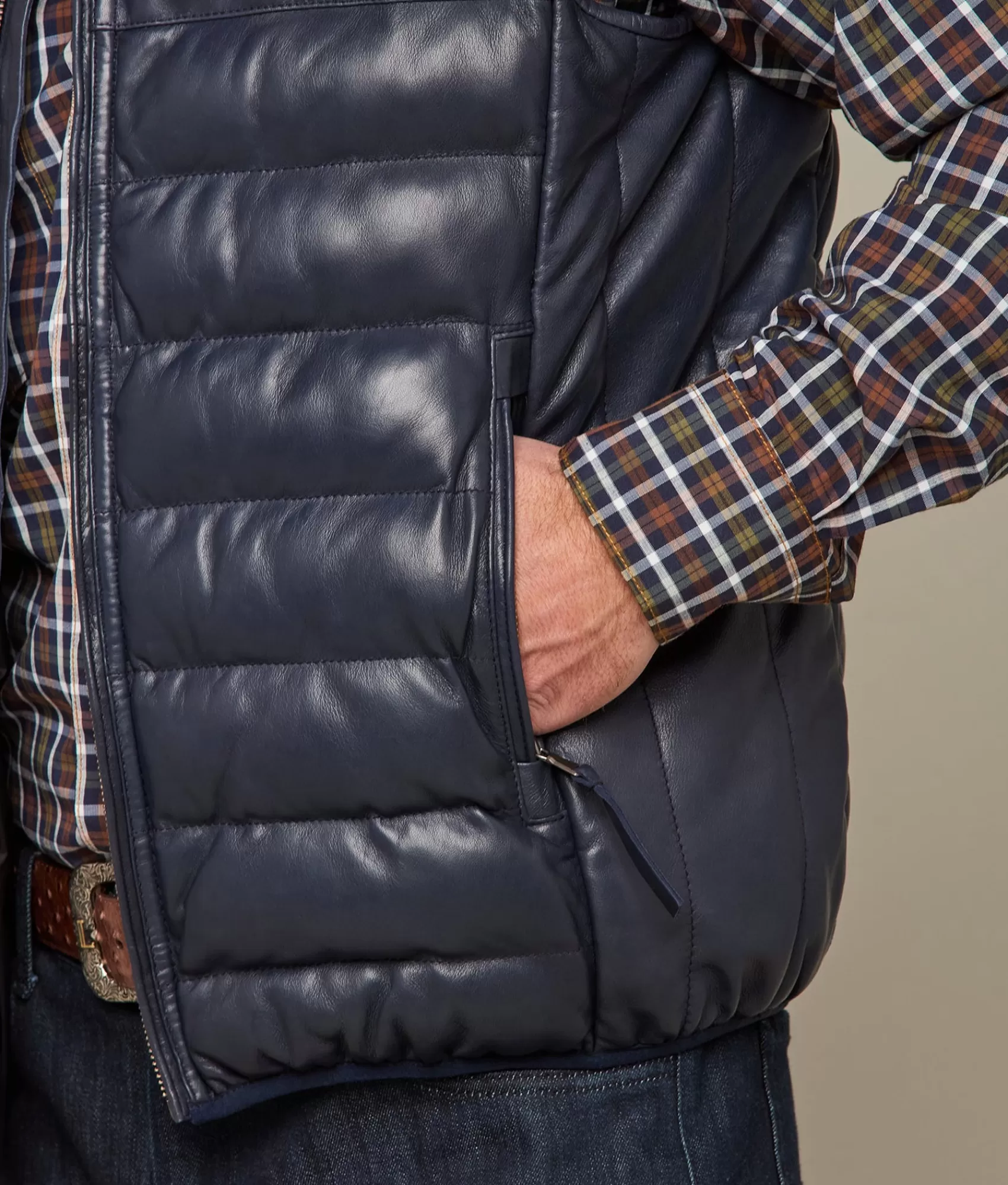 Lucchese Outerwear | Men's Leather Puffer Vest Navy